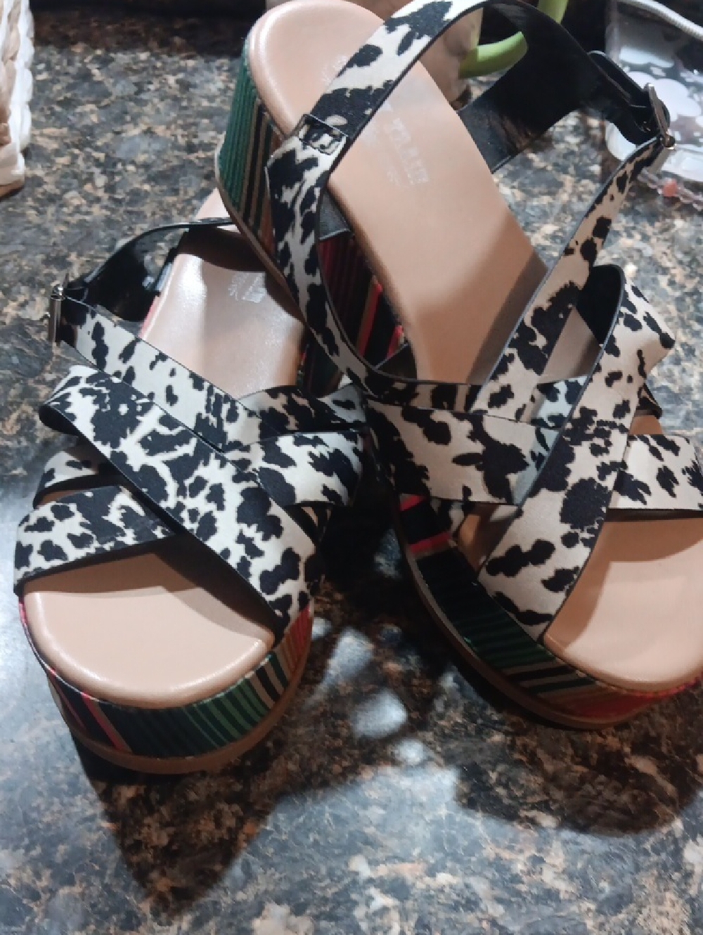 Crazy Train Black & White Printed Platform Sandals with Multicolor Striped Sole
